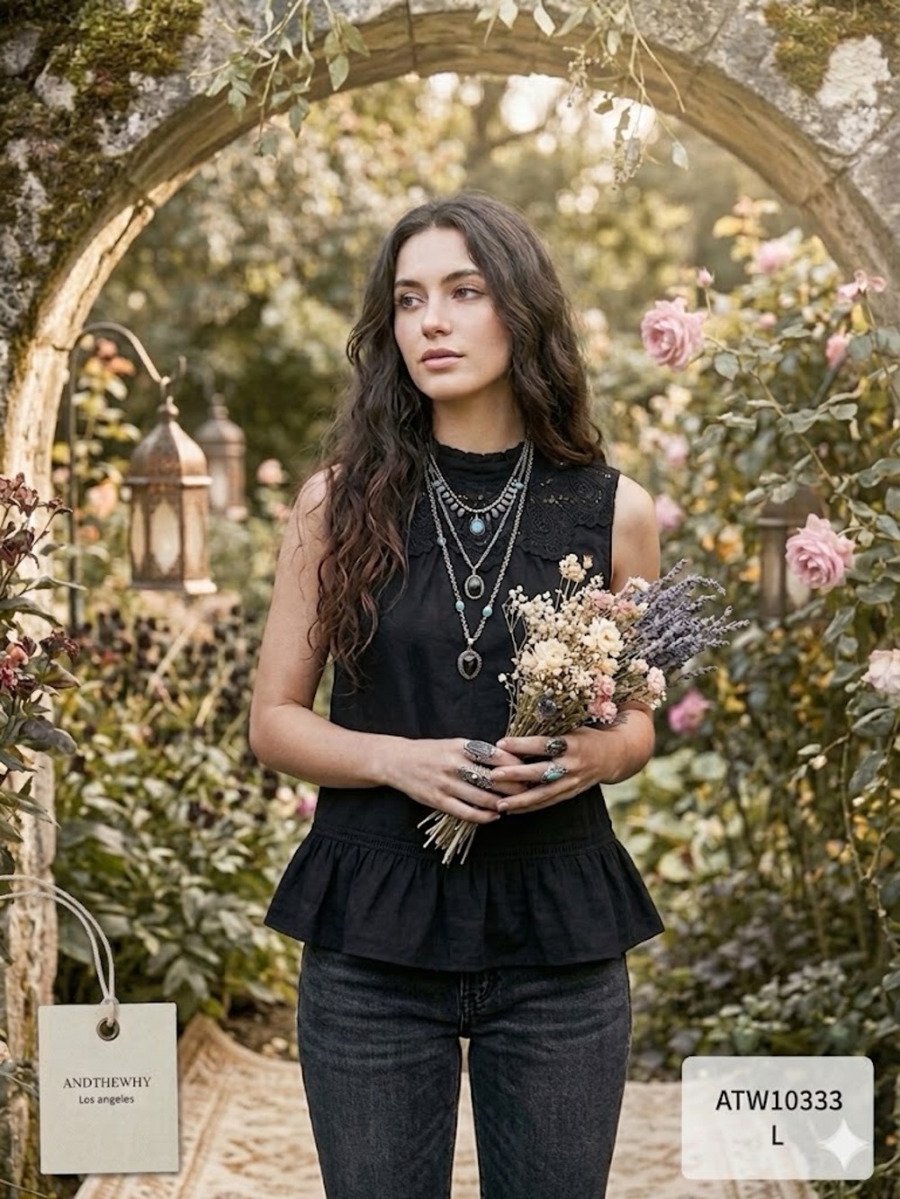 ANDTHEWHY Black Lace Rayon Peplum Sleeveless Blouse